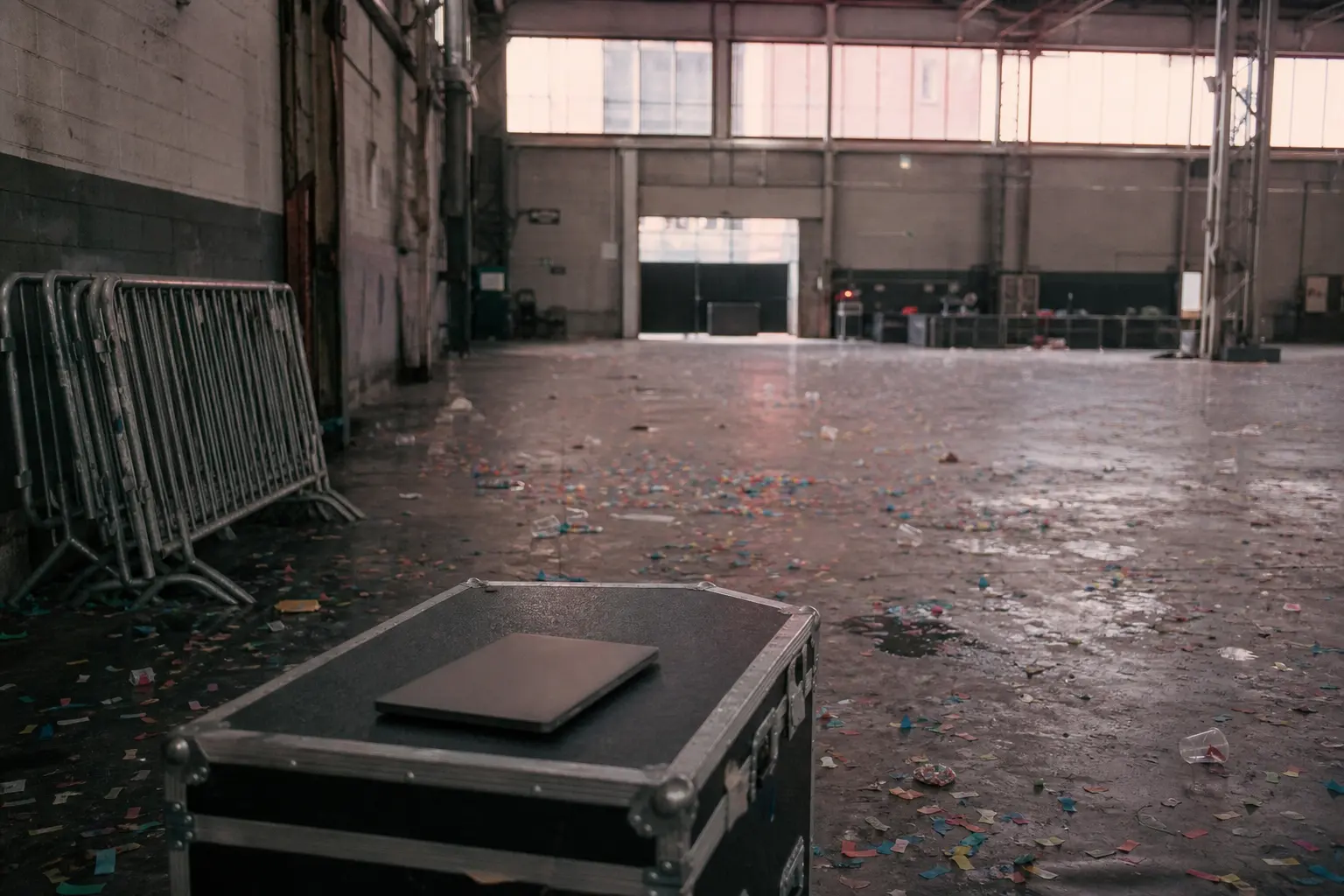 An empty venue the morning after, confetti and wristbands on the floor, a laptop on a road case